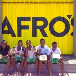 5 young customers with take away at Afro's Chicken Shop in Durban South Africa as featured on the Lovedurban.co.za what's on in durban and Durban tourist information website