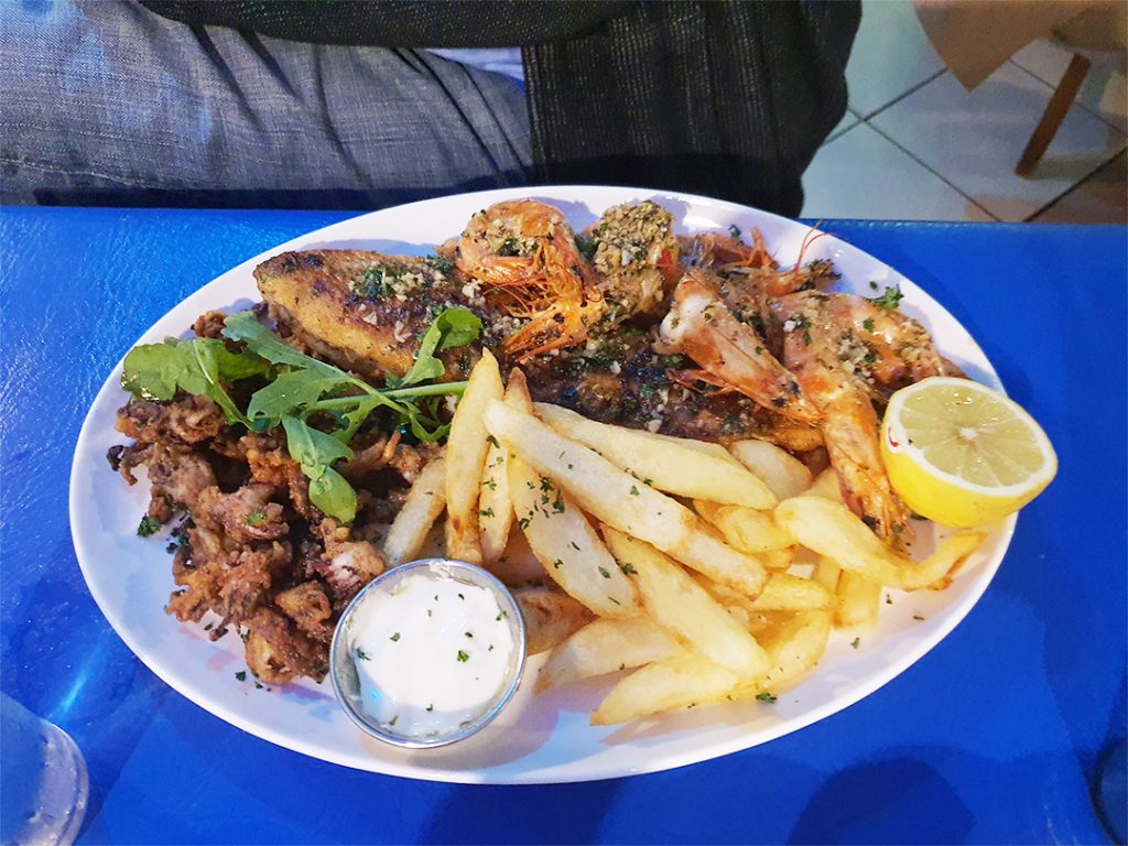 Amazing seafood of prawns with fries at Delfi Greek Taverna restaurant in Durban South Africa