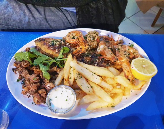 Amazing seafood of prawns with fries at Delfi Greek Taverna restaurant in Durban South Africa