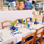 Beautiful blue and white table decor at Delfi Greek Taverna restaurant in Durban South Africa