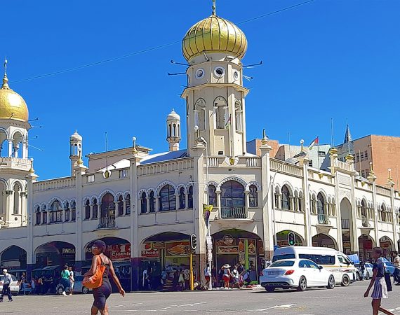 Front of Juma Masjid mosque in Durban South Africa. A top 10 tourist attraction as featured on Lovedurban.com Durban tourist information and what's on in Durban website