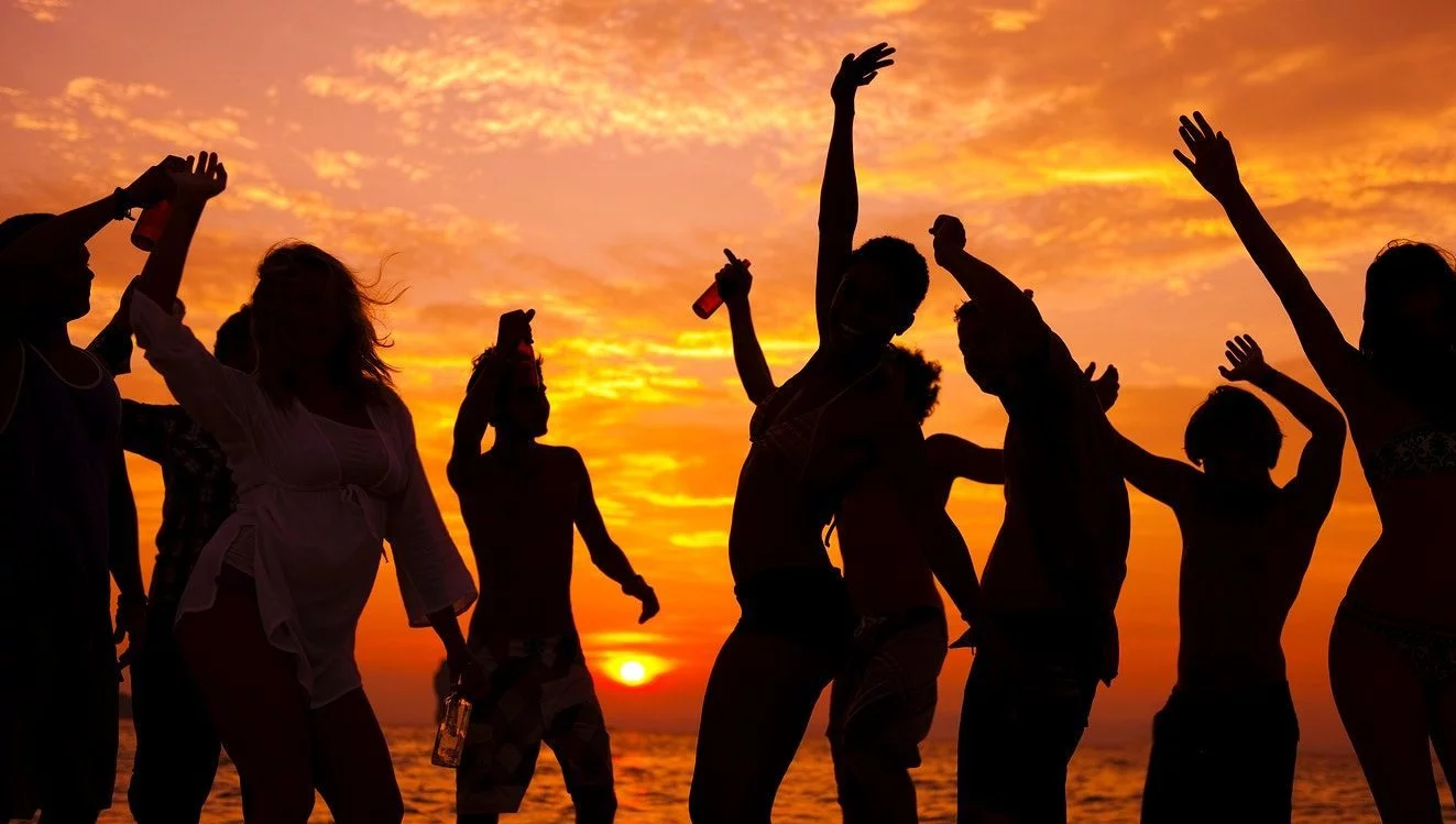 Group of people at dusk partying at the Durban Peachy Beach Party. EbonyModex girls event run by LoveDurban.co.za Tourist information and what's on in durban events guide. Durban South Africa