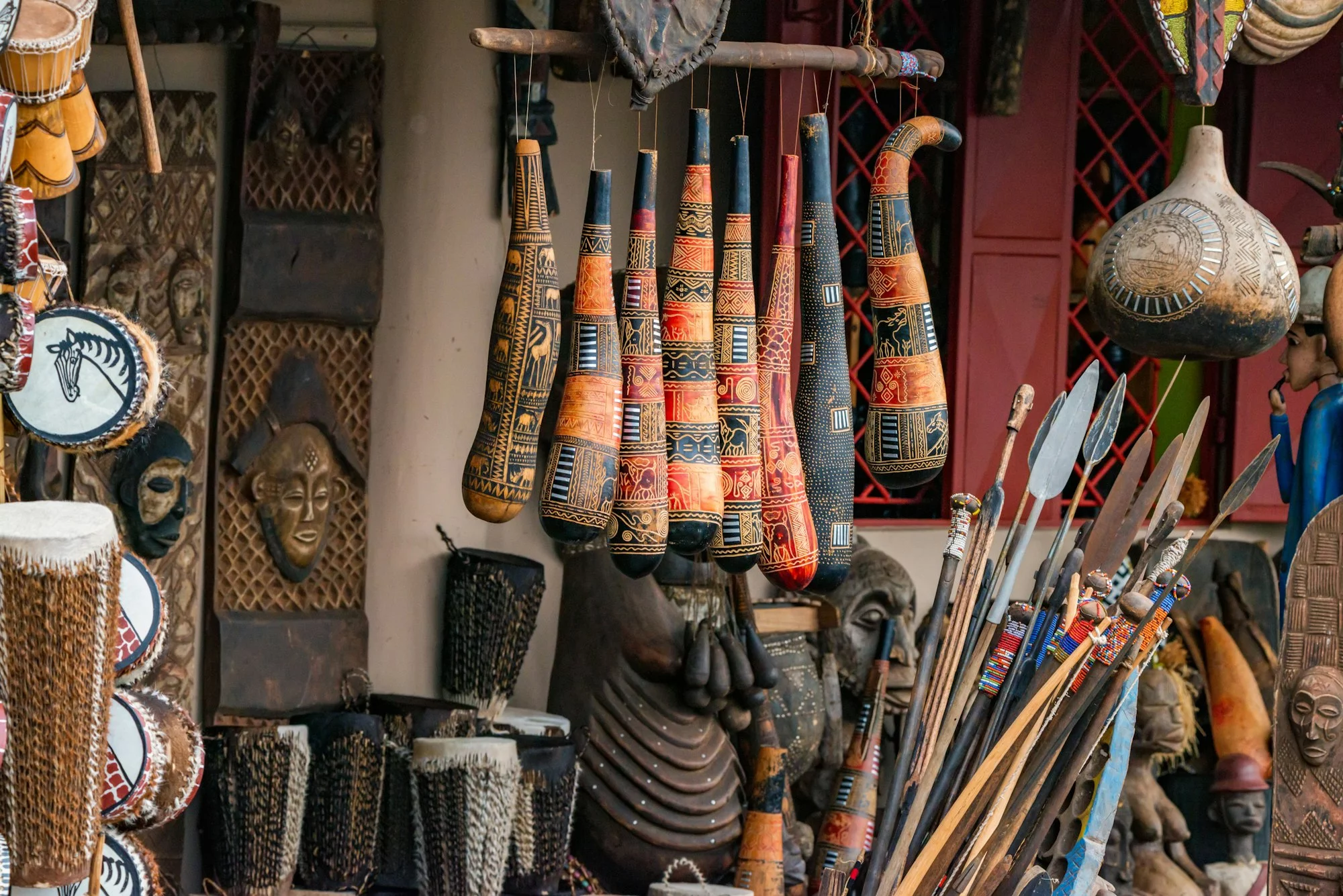 Variety of African souvenirs exposed for sale in local market